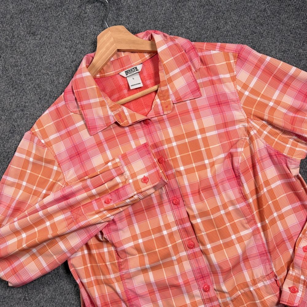 Duluth Trading Co Sidewinder Button Up Shirt Women L Orange Pink Plaid Mesh UPF